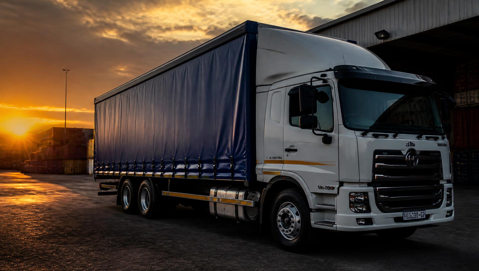 Curtain-side tautliner truck in a Johannesburg logistics yard at sunset